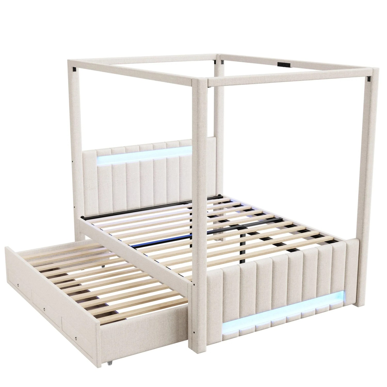 Merax Polster Himmelbett 140x200 cm Mit Ausziehbett 3 Schubladen LED Beige