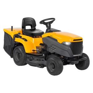 Gelber Stiga Rasentraktor Estate 384 mit Fangkorb für mittelgroße Gärten.
