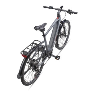 Graues Telefunken SUV E-Bike 27,5 Zoll mit Gepäckträger, Mittelmotor und 9-Gang Kettenschaltung.