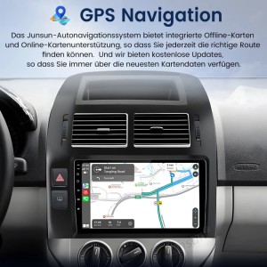 Junsun Autoradio für VW Polo (2001-2009) mit GPS Navigation im Armaturenbrett.