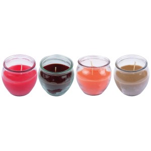 HS Candle Duftkerzen Selection, 4 Kerzen im Bakery Mix in Gläsern in Rot, Braun, Orange und Beige.