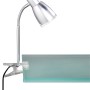 Graue LED-Klemmleuchte Jos mit flexiblem Arm und transparentem Schirm.