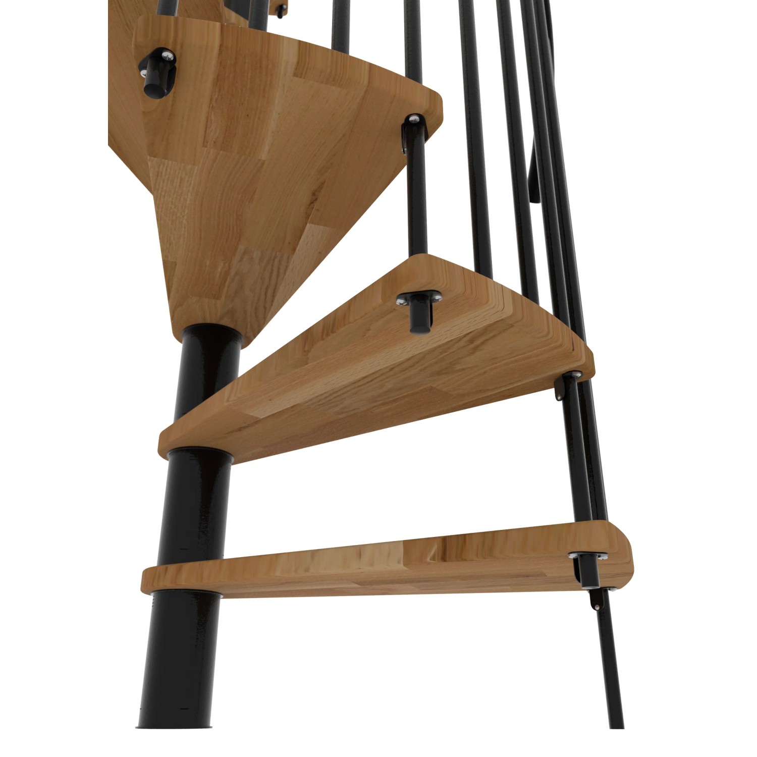Detailaufnahme der Minka Spindeltreppe Spiral Smart mit Eiche-Stufen und schwarzem Metallgeländer.