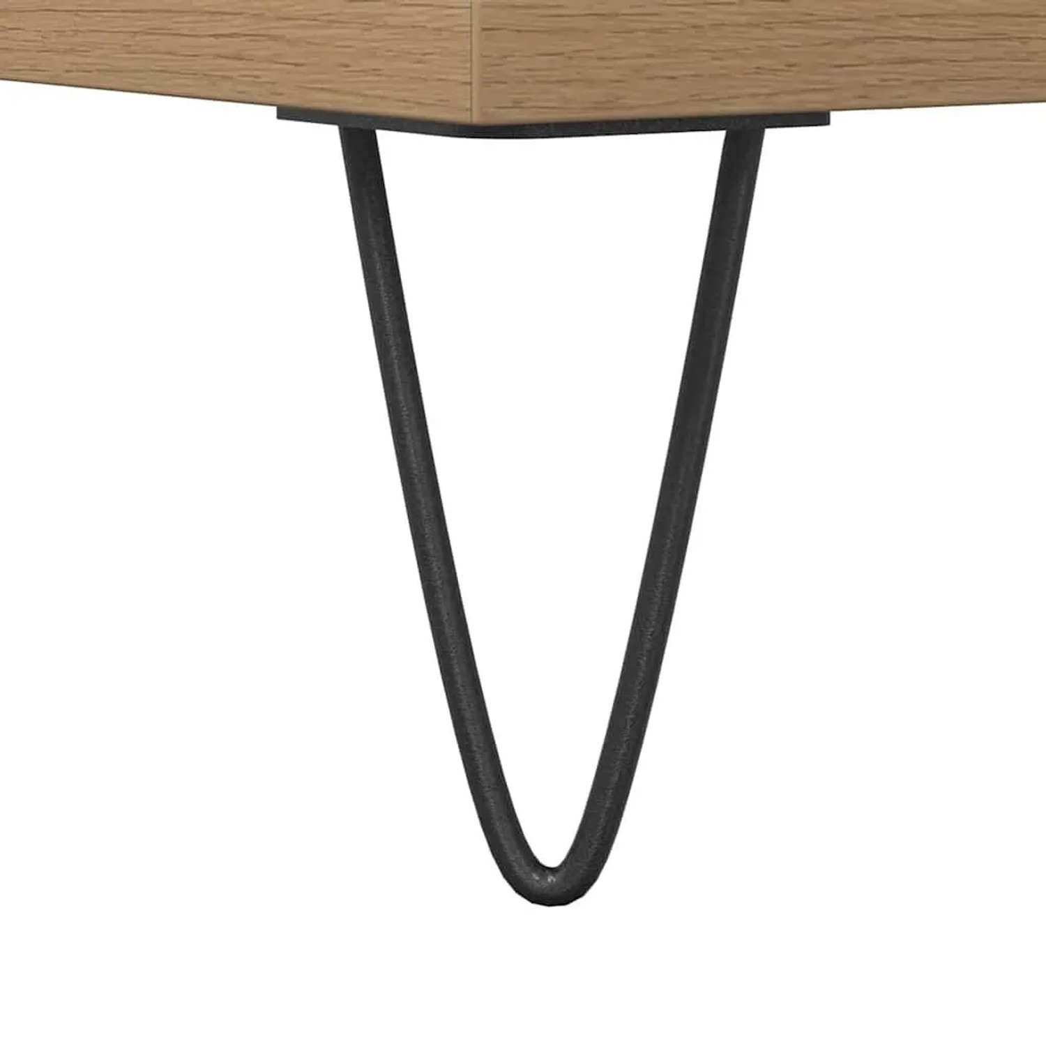 Schwarzes Eisen-Hairpin-Bein des Artisan-Eiche Waschbeckenunterschranks. Detailansicht des Holzwerkstoff-Möbels.