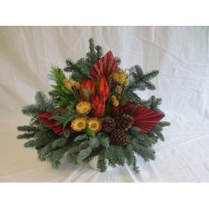 Rotes Grabgesteck mit Nobilis-Zweigen, Trockenblumen, Zapfen und Protea für eine würdevolle Grabdekoration.