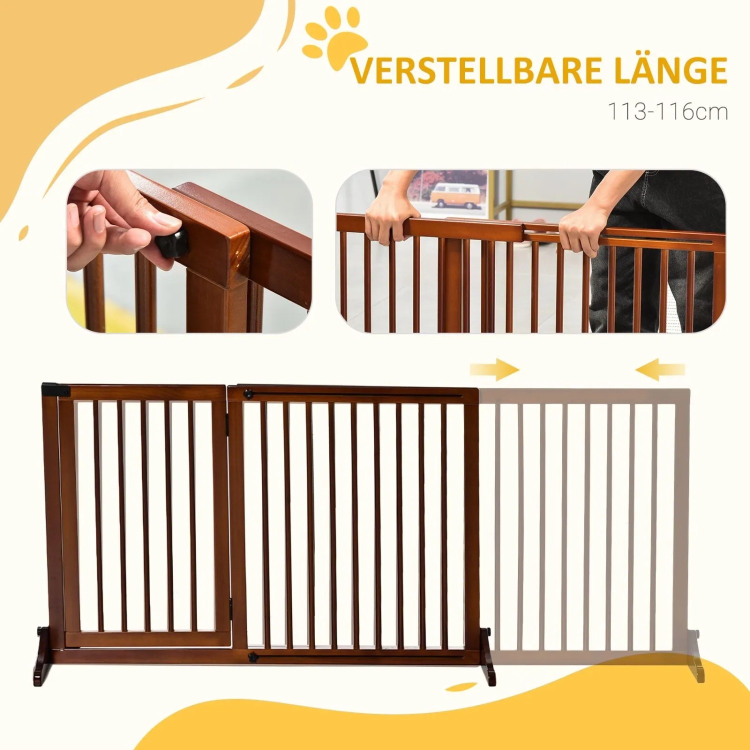 PawHut Absperrgitter aus dunkelbraunem Holz, verstellbar, mit drei Paneelen und Türfunktion für Hunde.