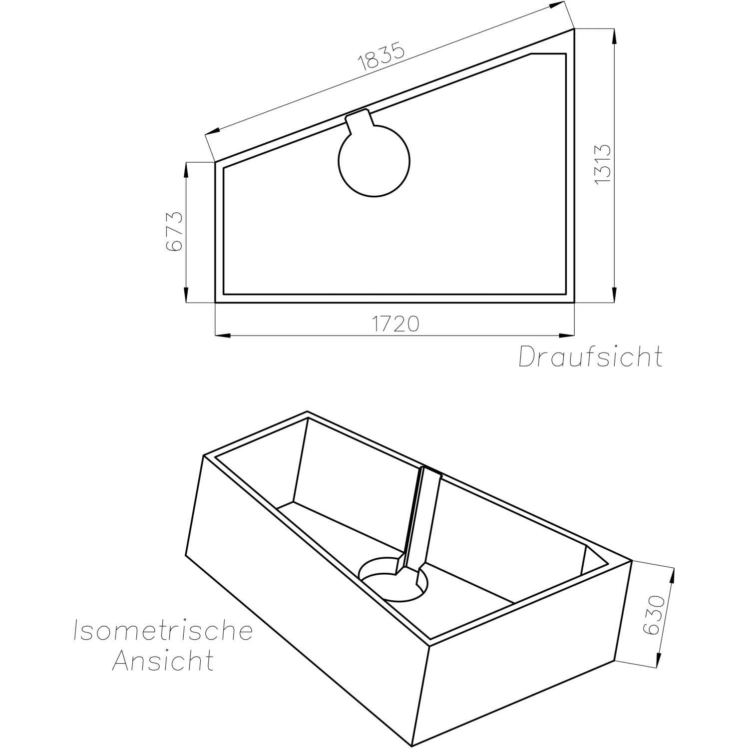 Technische Zeichnung Ottofond Wannenträger Galia II links mit Maßen für Badewannen Montage.