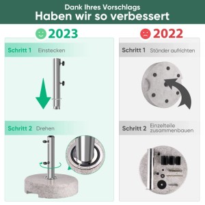 Sekey Schirmständer Montage: Rohr einsetzen und drehen. Granitfuß mit Edelstahlrohr.