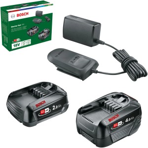 Bosch 18V Starter-Set mit 2 Akkus (2.0Ah & 4.0Ah) und Ladegerät.
