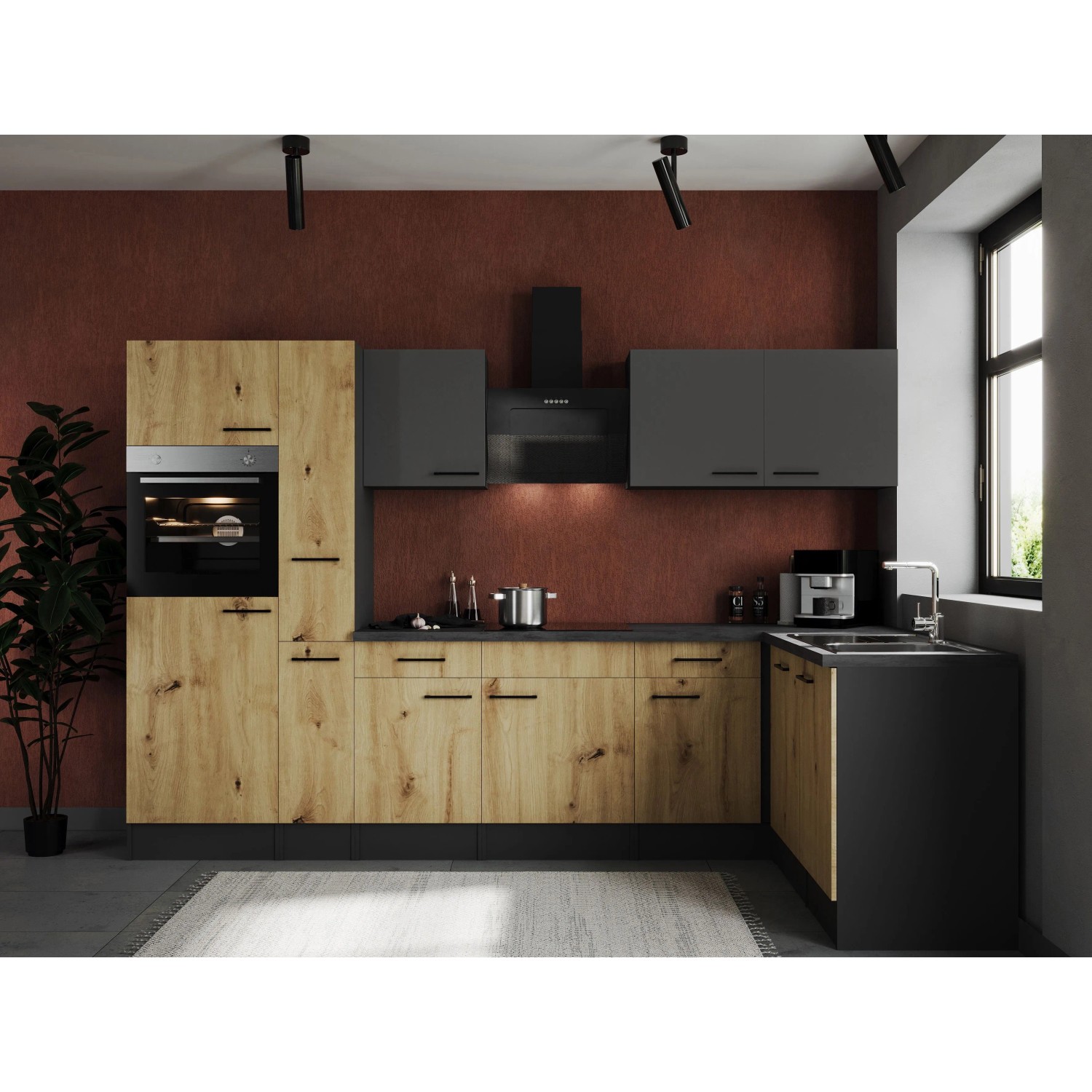 Respekta Winkelküche Oliver 310 cm Artisan Eiche / Grau Matt