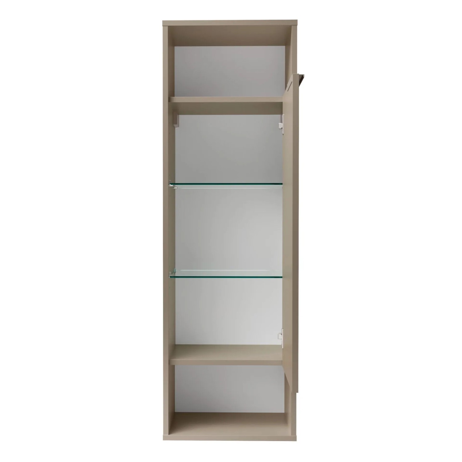 Offener Fackelmann Hoch-Midischrank B.Paris, Cubanit Grau, mit Glasböden und Regalfächern.