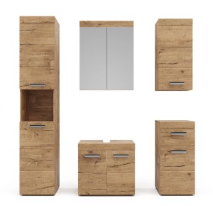 Vicco Badmöbel-Set Luna, 5-teilig, Eiche Wotan: Spiegelschrank, Waschbeckenunterschrank und Hochschränke.