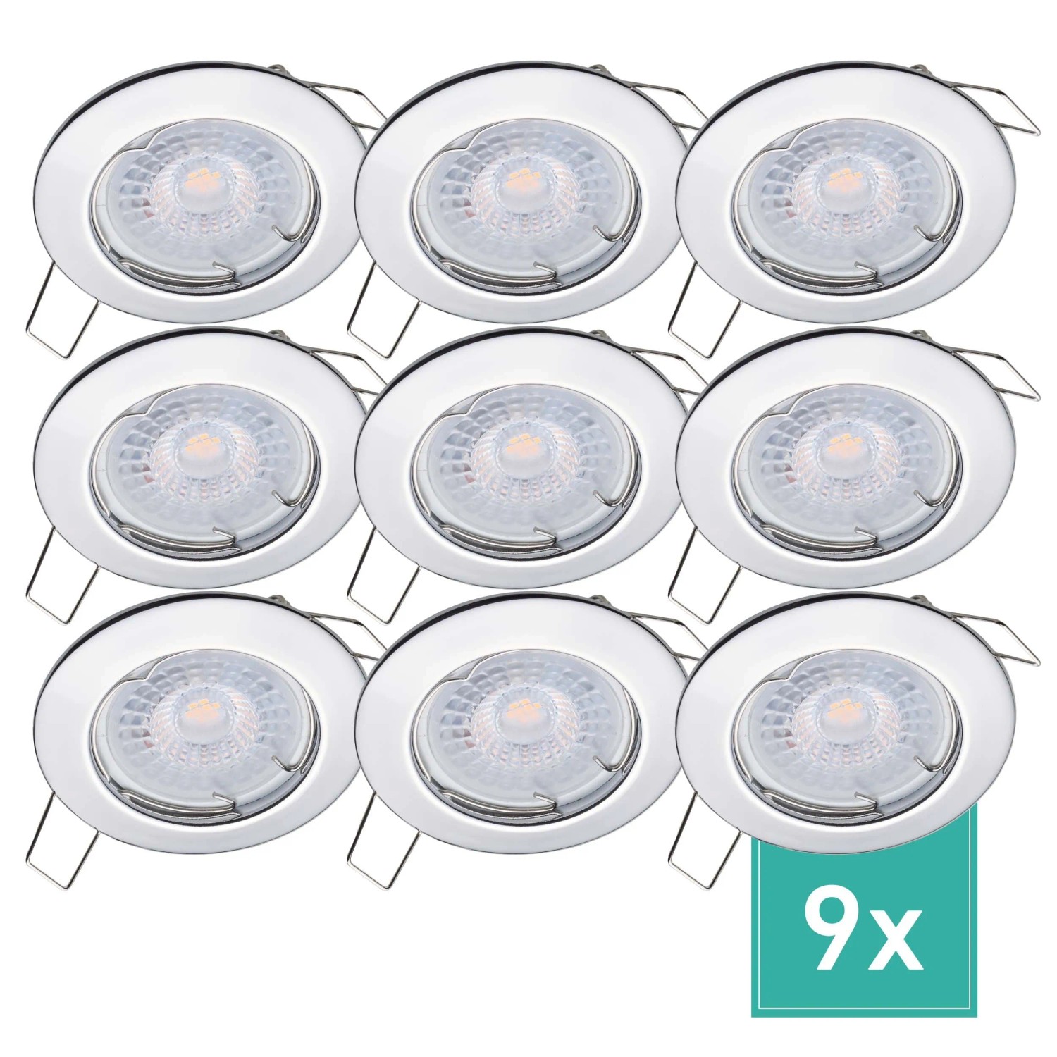 Oktaplex Sedan 9er Set LED-Einbaustrahler Warmweiß 2700K 4,8W in 3 Stufen Dimmbar Chrom-Optik 230V Flach Lochmaß 60 mm