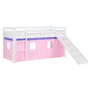 Weißes Hochbett 90x200 mit rosa Vorhang, Leiter und Rutsche. Kinder Abenteuerbett aus Holz.