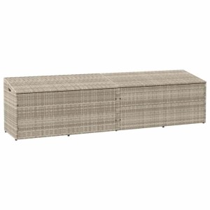 Hellgraue vidaXL Garten-Auflagenbox aus Poly Rattan, 220x50x58 cm, zur Aufbewahrung im Garten.