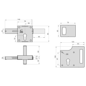 Technische Zeichnung Basi Aufschraub-Torschloss ATS 80 für Metalltore, Dornmaß 39mm, Rechts/Links verwendbar.