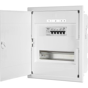 Unterputz Kleinverteiler mit geöffneter weißer Tür, 24 TE, 38x33,8x9,1 cm.