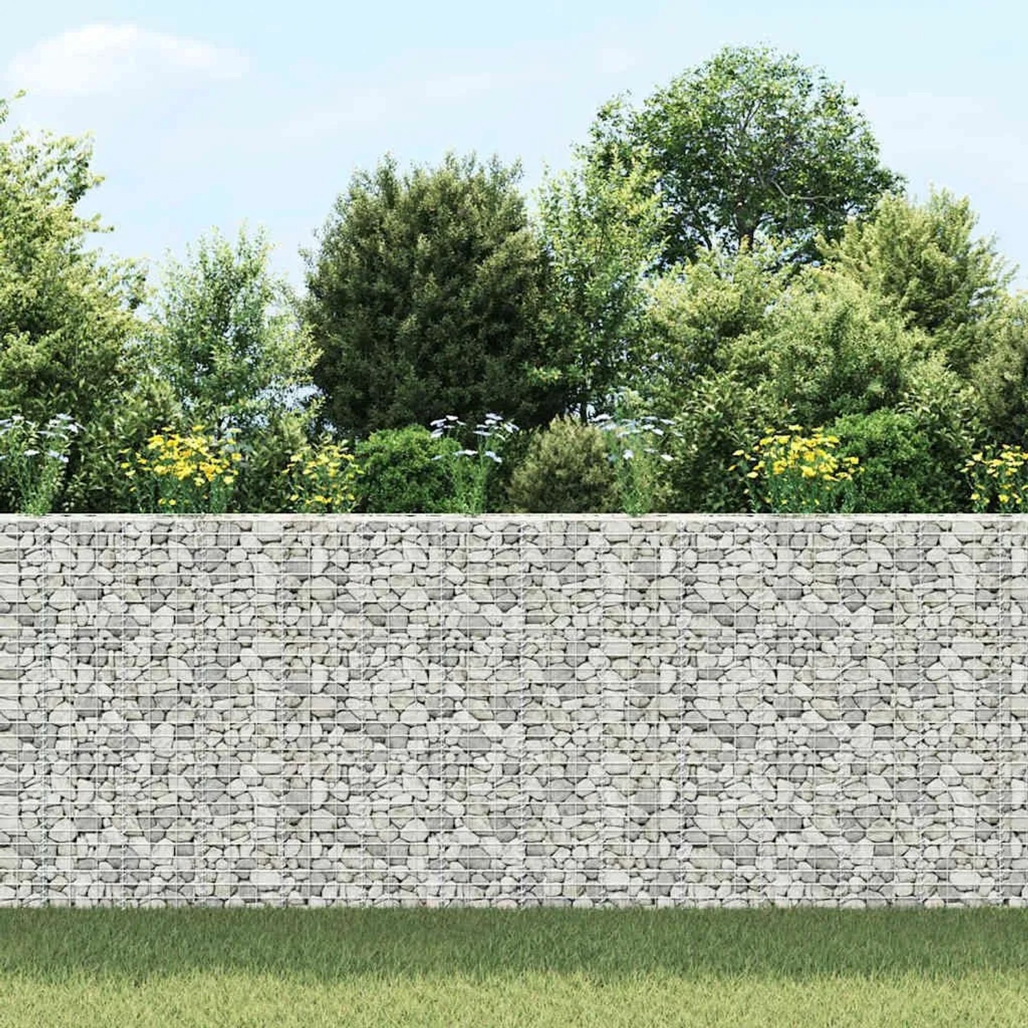 3er Set Furnicato Gabionen-Hochbeete aus Eisen, 30x30x150 cm, befüllt mit Steinen.