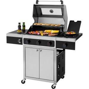 Tepro Gasgrill Keansburg 3 mit Seitenbrenner, schwarz-edelstahl, mit Speisen auf dem Grill.