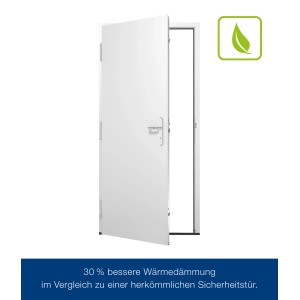 Geöffnete, weiße Hörmann Sicherheitstür KSI Thermo46 mit Wärmedämmung.
