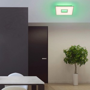 Quadratische LED-Deckenleuchte Recess von Just Light, weiß, mit farbigem Hintergrundlicht.