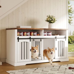 Weißer Merax Hundekäfig Schrank mit Holzplatte, Schiebetüren und zwei Corgis. Ideal als TV-Möbel oder Beistellschrank.