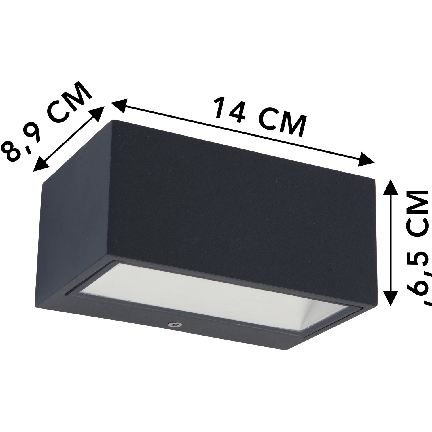 Moderne Lutec LED-Außenwandleuchte Gemini in Anthrazit, rechteckig, mit Maßangaben.