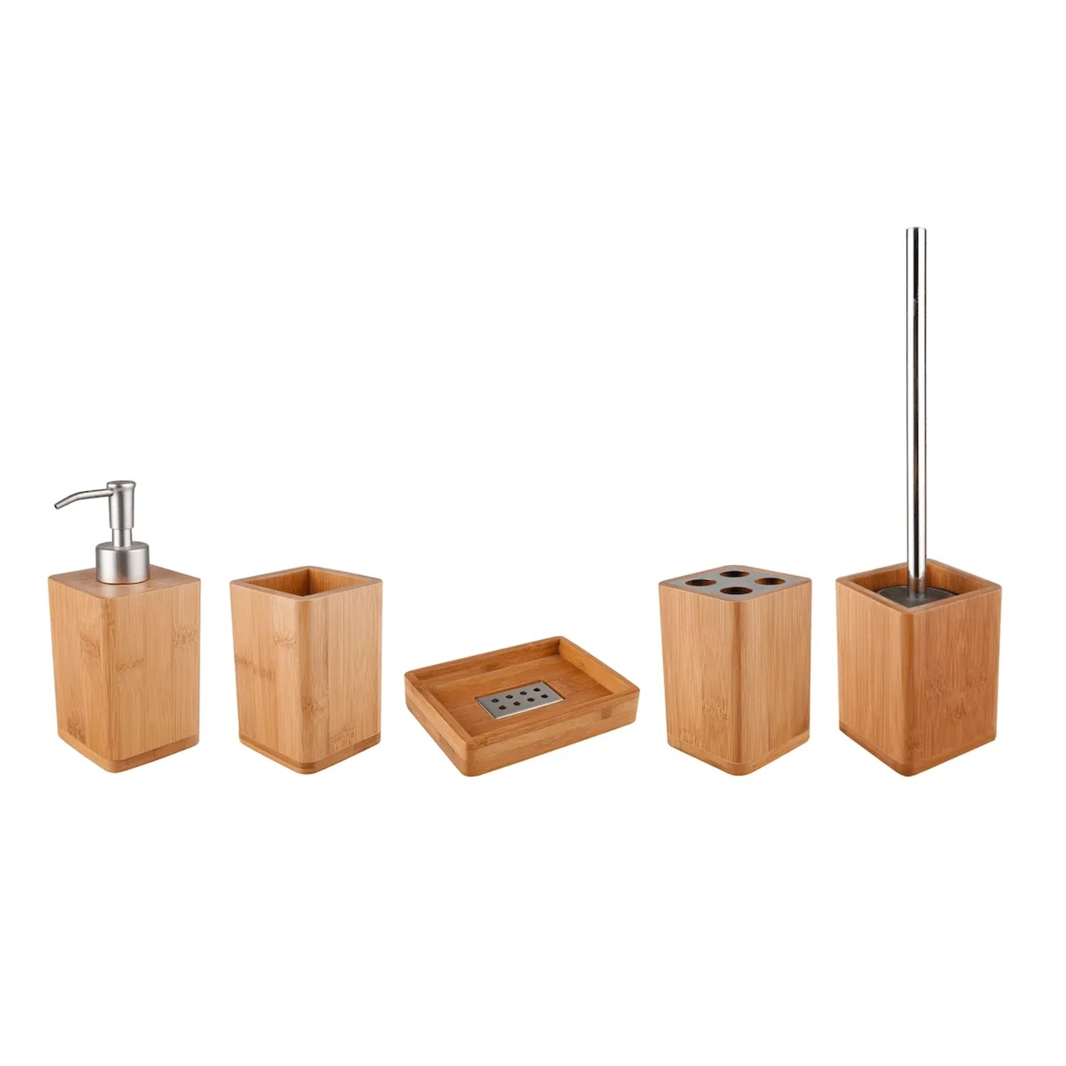 Swiss Aqua Technologies Badaccessoires Set 5 Teiliges Bambus Badzubehör mit Seifenspender Becher und WC-Bürste
