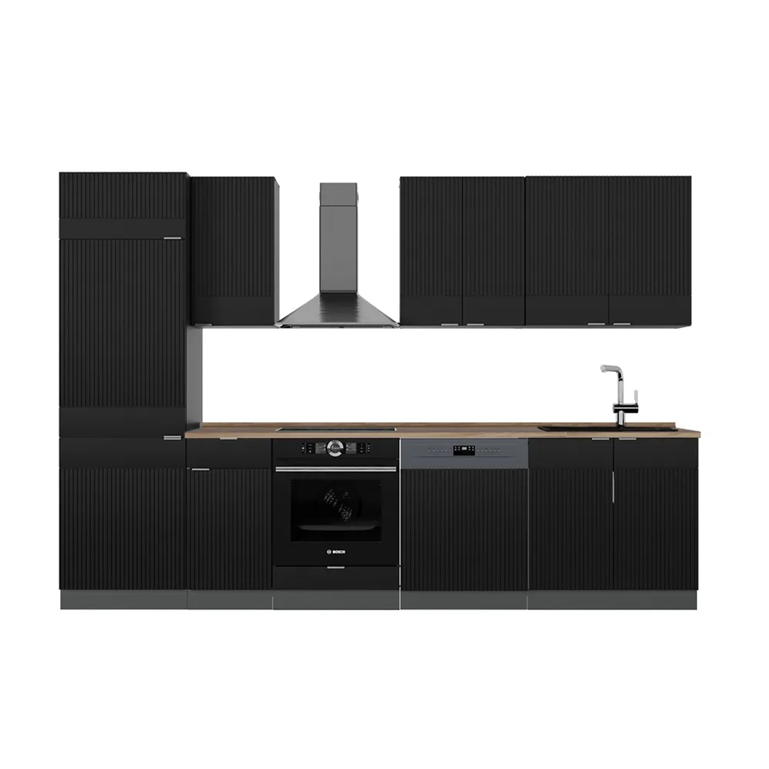 Vicco Fame-Line Küchenzeile Schwarz gestreift/Anthrazit 300 cm AP Eiche ohne E-Geräte