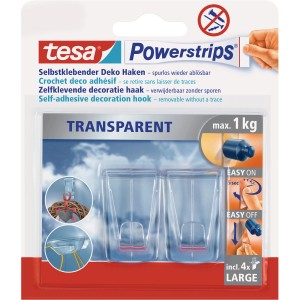 Tesa Powerstrips Deko Haken transparent, 2er-Pack mit 4 Klebestreifen für Dekorationen bis 1 kg.