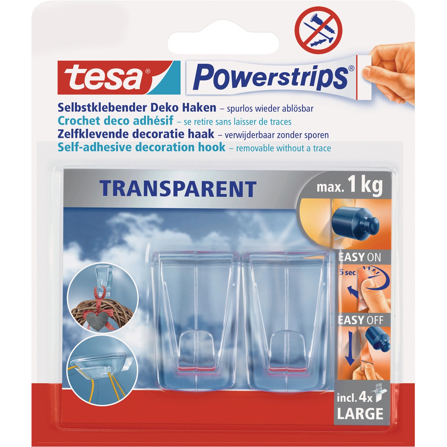 Tesa Powerstrips 2 Deko Haken Transparent mit 4 x Powerstrips Large