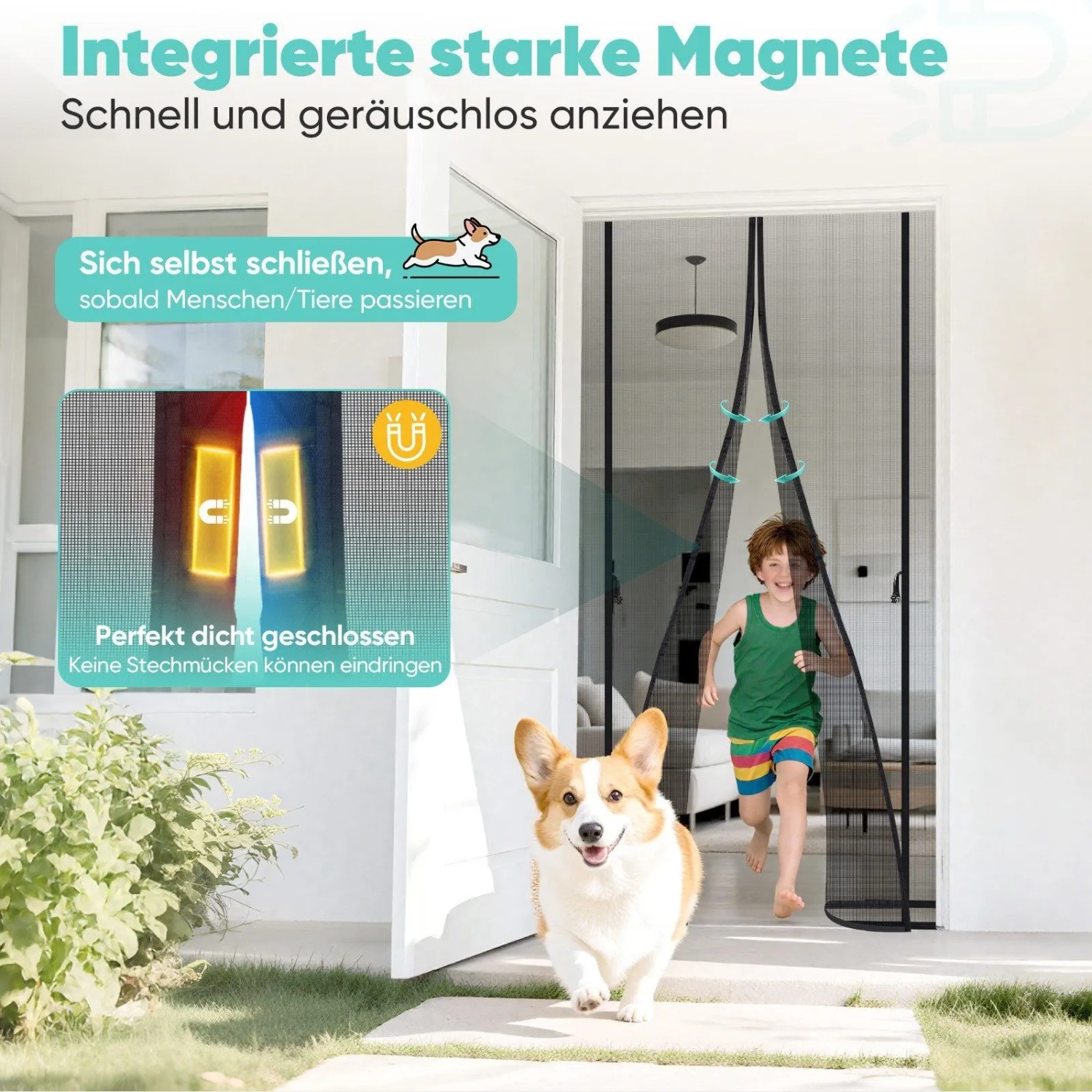 Magnetisches Fliegengitter für Balkontür. Kind & Hund passieren den selbstschließenden Insektenschutz ohne Bohren.