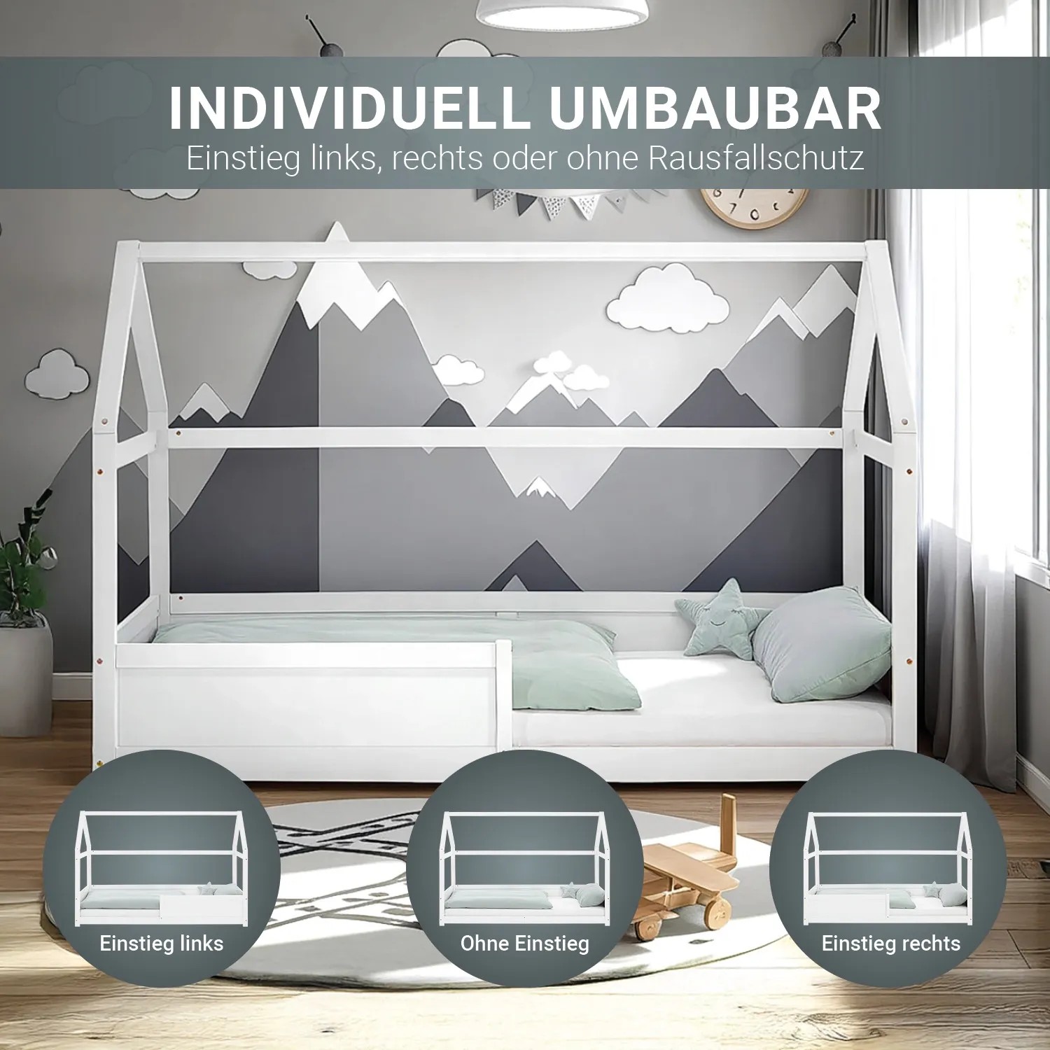 Weißes Homestyle4u Kinderbett Hausbett 90x200 mit Rausfallschutz. Bodenbett aus Kiefernholz im skandinavischen Stil.