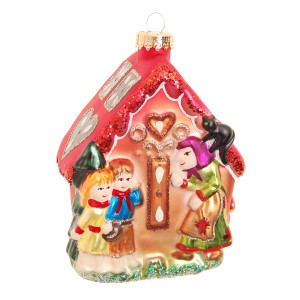 Weihnachtsornament: Lebkuchenhaus mit Hexe, Hänsel und Gretel, 13cm, aus Glas von Krebs Glas Lauscha.
