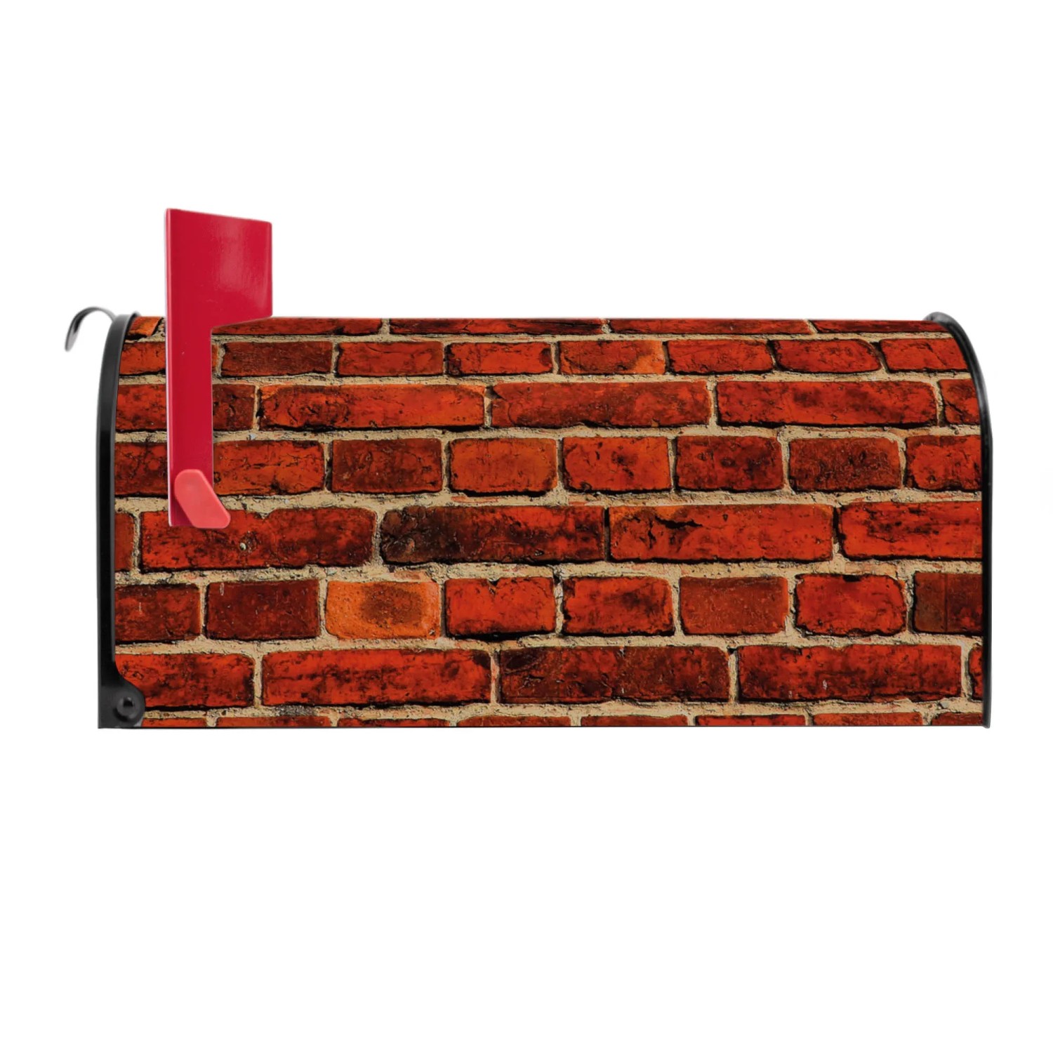 Schwarzer Banjado US Briefkasten mit Ziegelwand-Motiv, rote Fahne. Amerikanischer Postkasten aus Stahl, 48x22x16cm.
