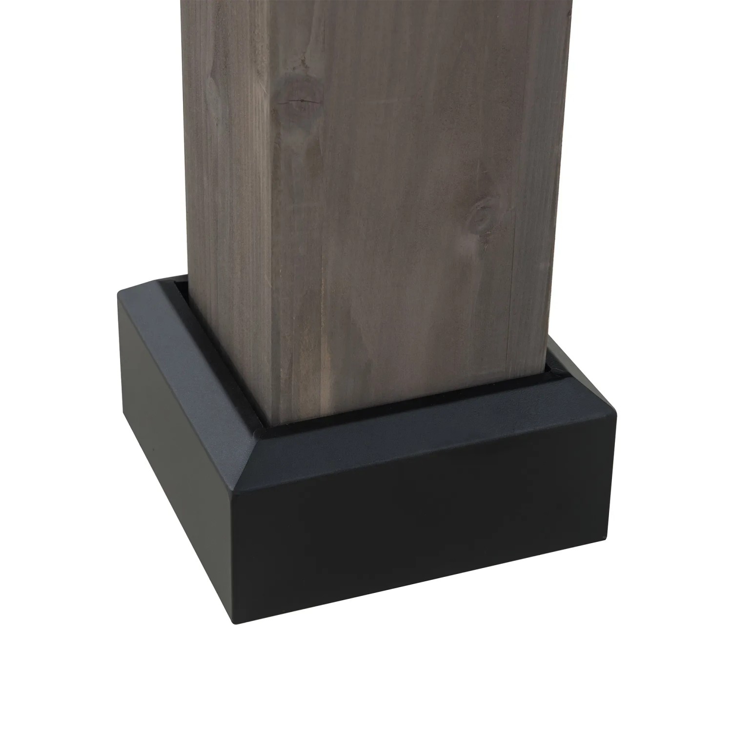 Detailaufnahme: Schwarze Basis eines Zedernholz-Pavillons der Kategorie Terrassenüberdachungen.