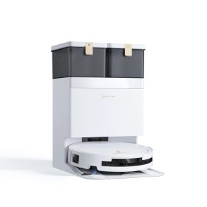 Weißer ECOVACS DEEBOT T50 PRO OMNI Saug- & Wischroboter in seiner All-in-One Station mit dunklen Behältern.