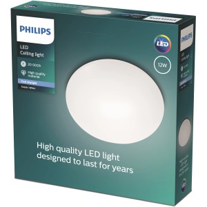 Verpackung der Philips LED-Deckenleuchte Suede, 4x2,4 W, 6500 K. Runde, weiße Leuchte.