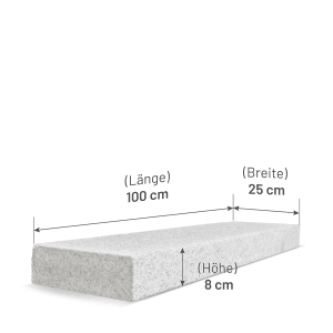 Galamio Granit Rasenkante, 100x20x6 cm, gesägt und kugelgestrahlt. Detailaufnahme des Steins mit Maßangaben.