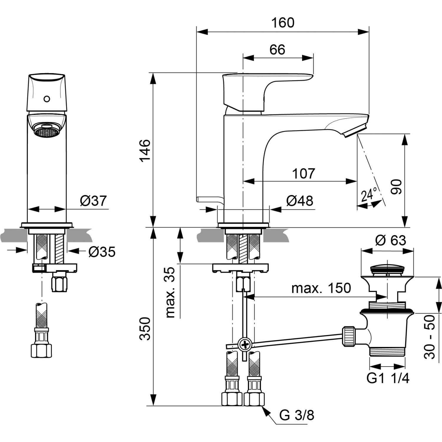 Technische Zeichnung: Ideal Standard Connect Air Slim Waschtischarmatur, Edelstahl, Maße und Details.