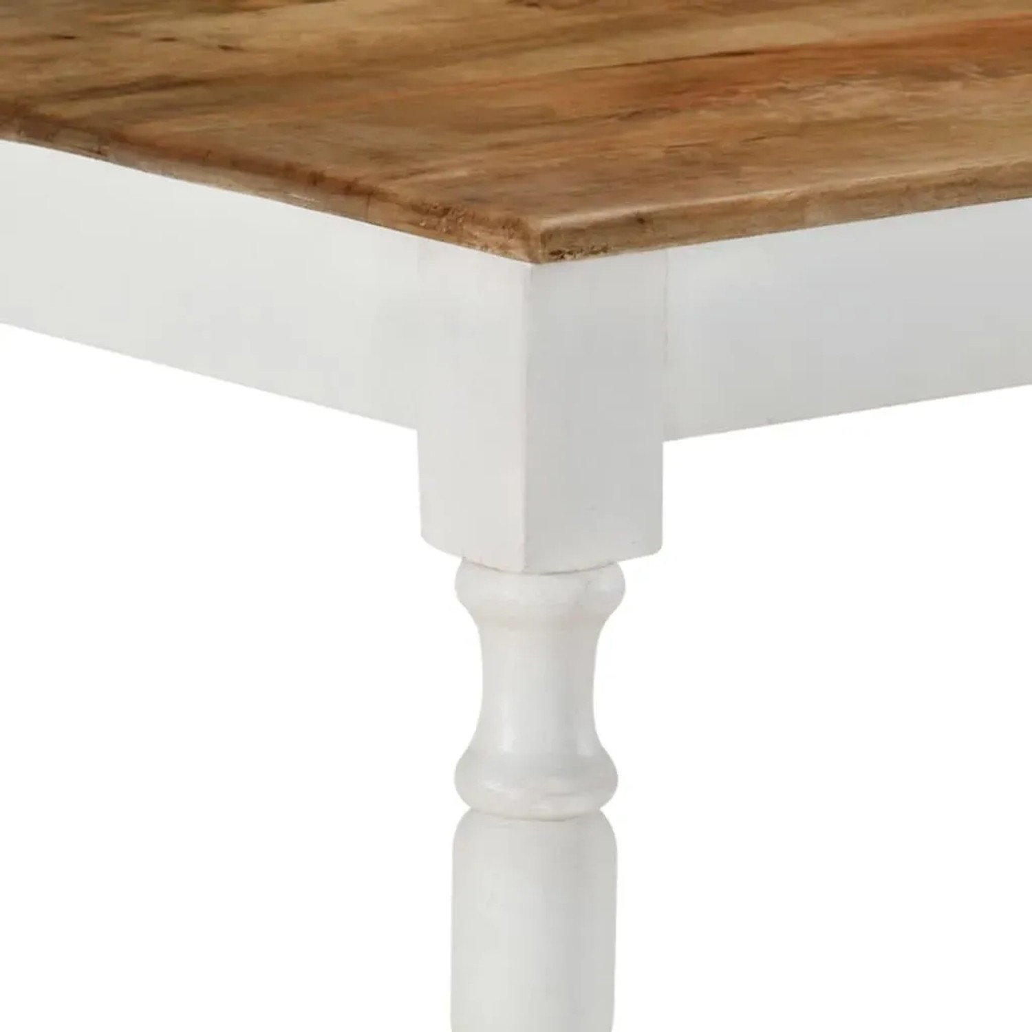 Detailansicht Esstisch: Tischplatte Mango Massivholz, weiße Beine. Moderner Tisch für Esszimmer.