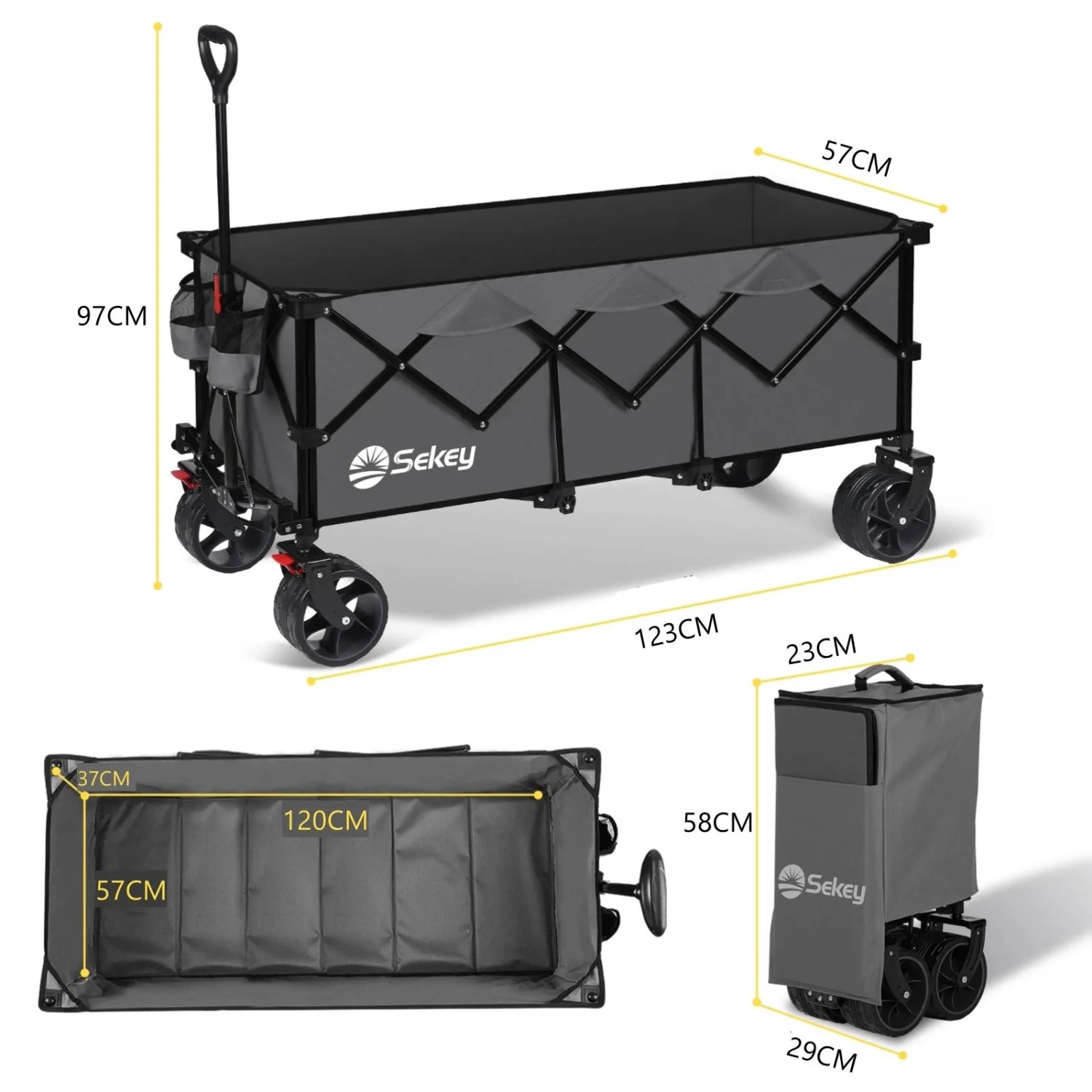 Sekey XXXL Bollerwagen, faltbar, anthrazit, mit Maßen für Camping & Transport.