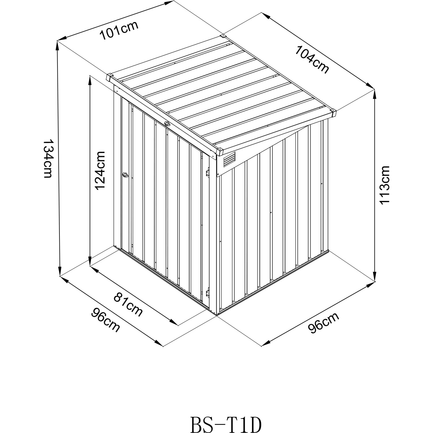 Maße der Westmann Müllbox 1-fach, grau, 104x101 cm. Technische Zeichnung der Universalbox.