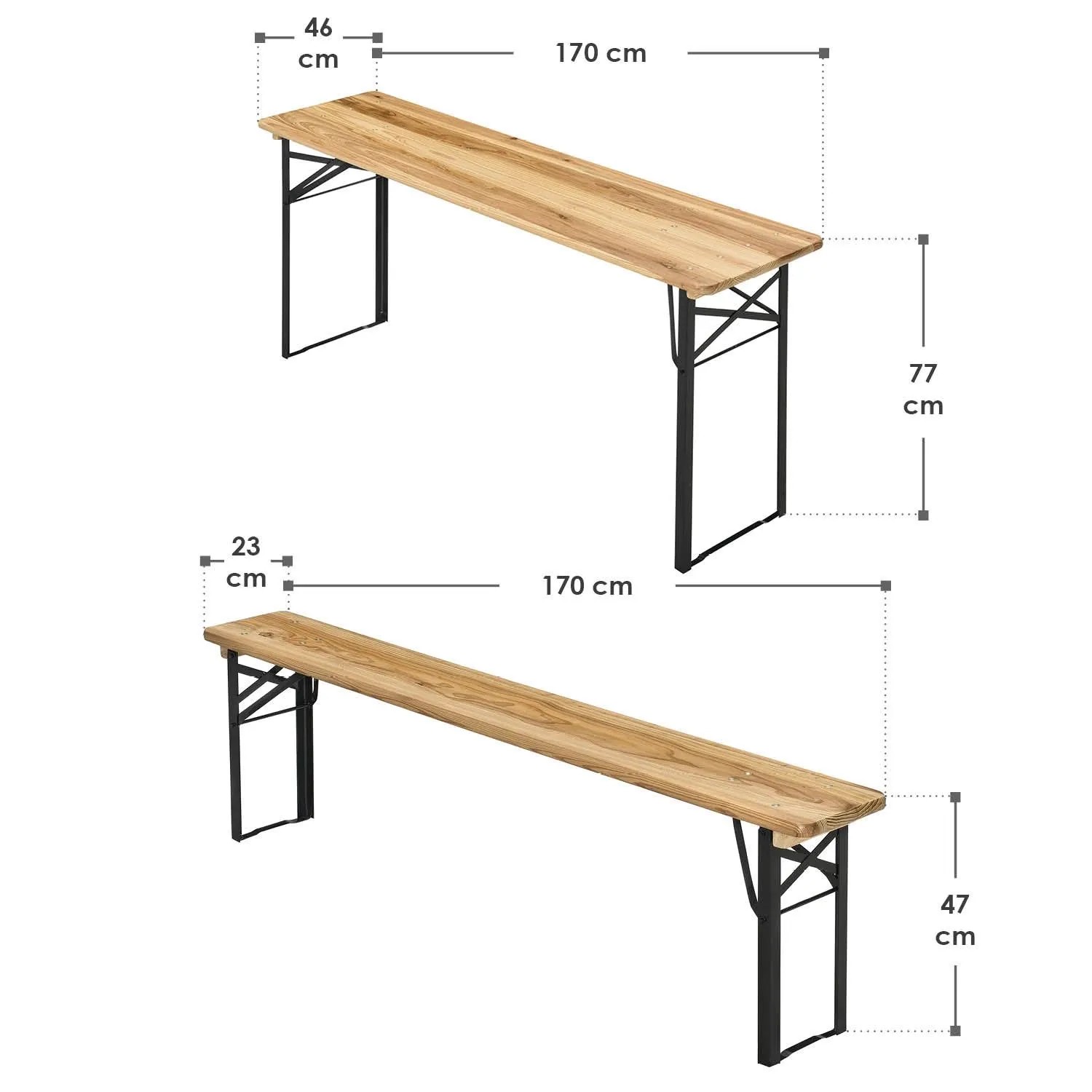 Juskys Bierzeltgarnitur Bichl, 3-teilig, Tannenholz lackiert, 170 cm, mit Maßangaben.