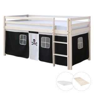 Homestyle4u Hochbett 90x200 mit Vorhang Lattenrost Matratze in Weiß Pirat 2544