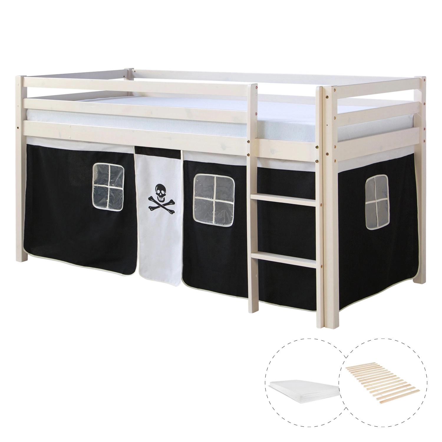 Homestyle4u Hochbett 90x200 mit Vorhang Lattenrost Matratze in Weiß Pirat 2 günstig online kaufen