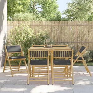 vidaXL Bistrostühle, 6 Stk., klappbar, mit dunkelgrauen Kissen, Bambus. Gartenstühle für Terrasse oder Balkon.