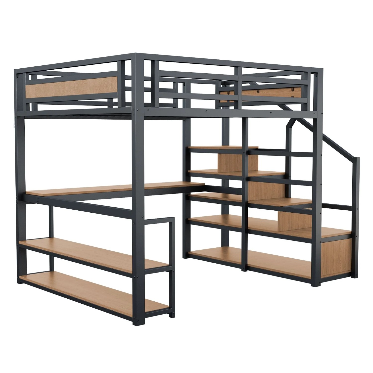 okwish Hochbett 140x200cm mit Stauraumleiter Regalen Tisch Jugendbett Schwarz ohne Matratze