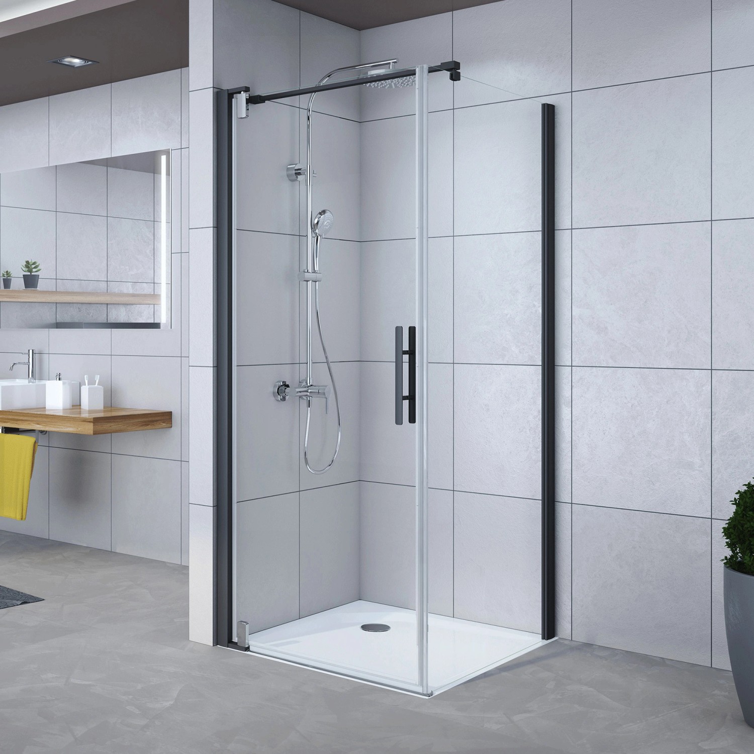 Breuer Drehtür links für Seitenwand Europa Design Schwarz matt Klarglas 90 cm