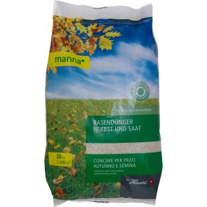 Sack Manna Rasendünger Herbst und Saat, 20 kg, für einen winterfesten Rasen und zur Neuanlage.